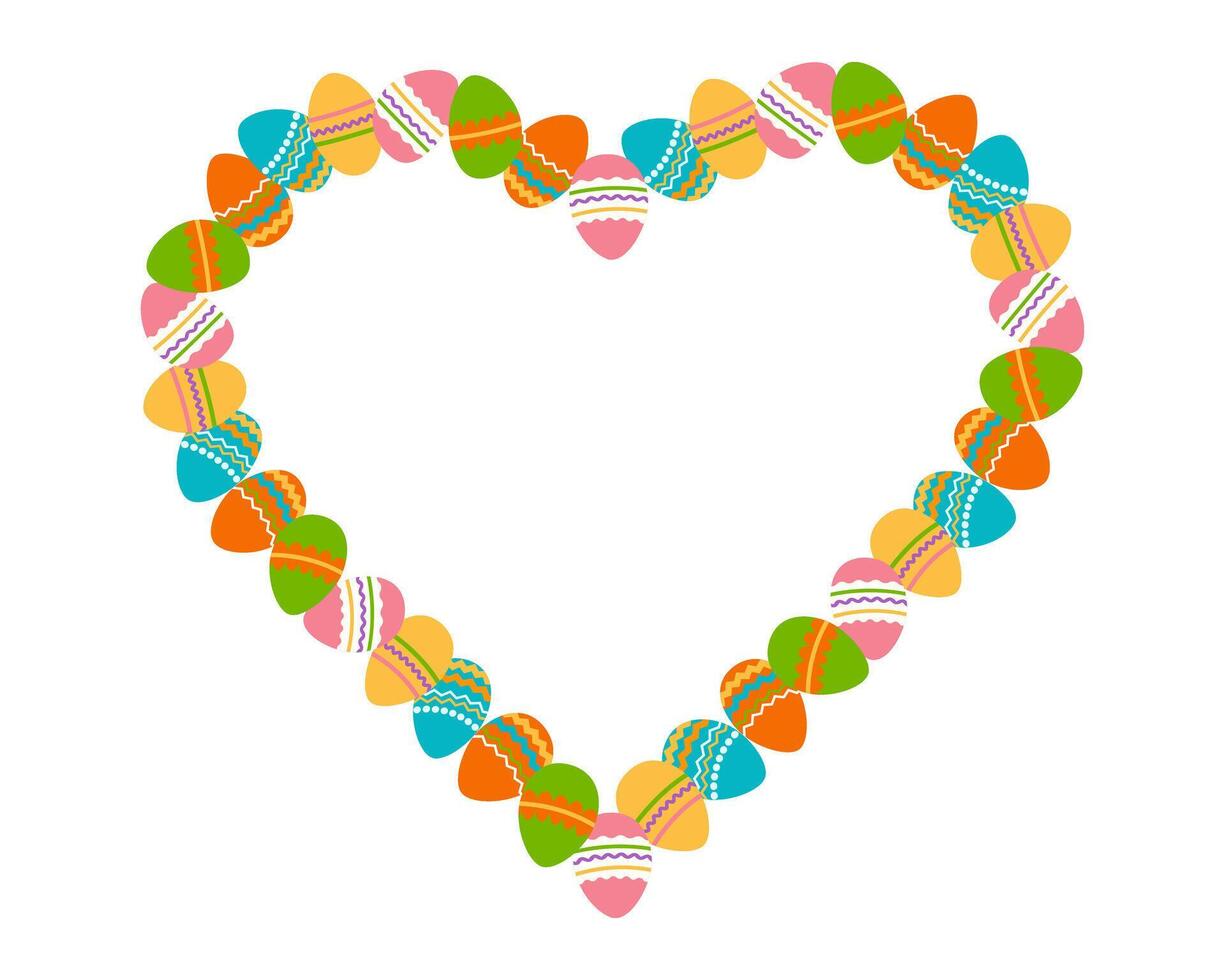 Easter frame in the shape of a heart. Border made of Easter painted eggs. Perfect for festive holiday decoration and spring greeting cards. Vector illustration.