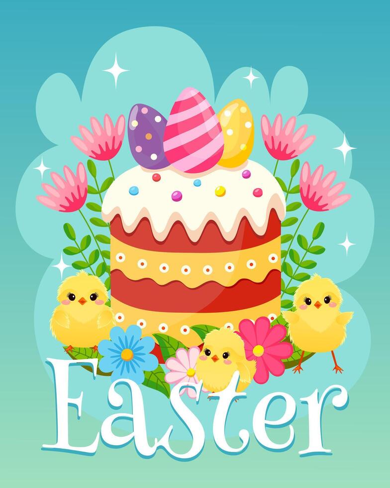 saludo póster para Pascua de Resurrección. Pascua de Resurrección antecedentes con fiesta simbolos amarillo mullido pollos, de colores huevos, Pascua de Resurrección pastel, primavera flores y hierbas. vector ilustración.