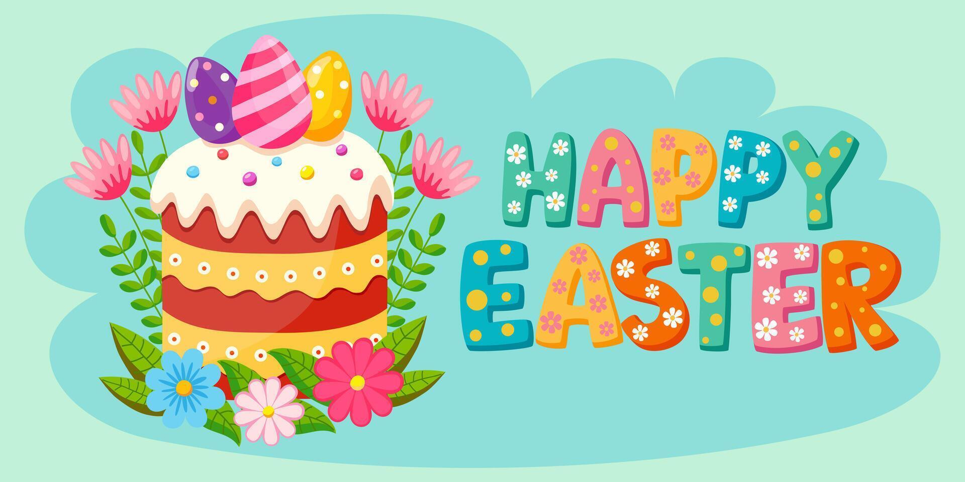 Colorful cheerful poster for Happy Easter. Easter background with holiday symbols. Colored eggs, Easter cake, spring flowers and herbs. Vector illustration.