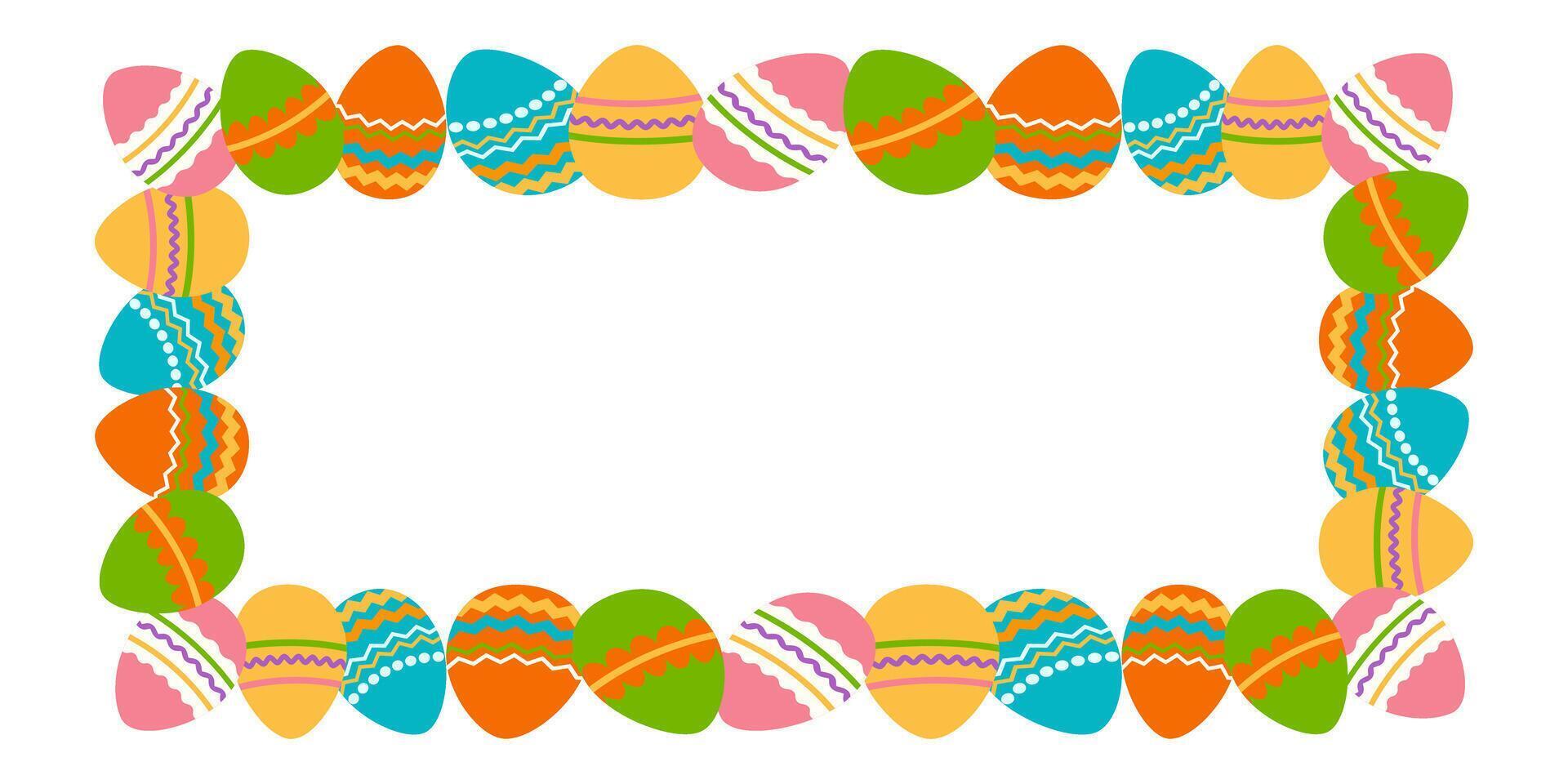 Rectangular decorative frame of Easter eggs. Border made of Easter painted eggs. Perfect for festive holiday decoration and spring greeting cards. Vector illustration.
