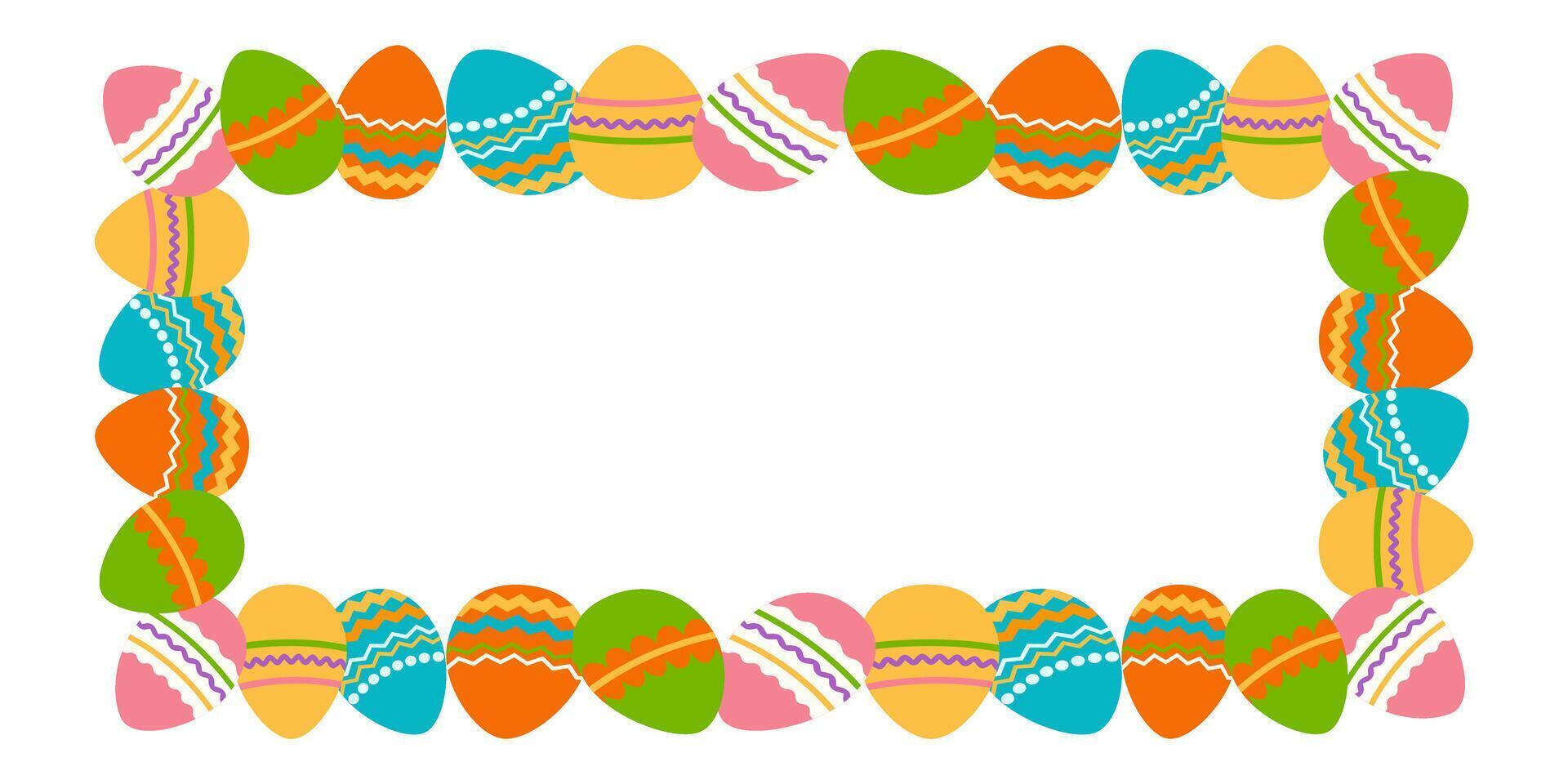 Rectangular decorative frame of Easter eggs. Border made of Easter painted eggs. Perfect for festive holiday decoration and spring greeting cards. Vector illustration.