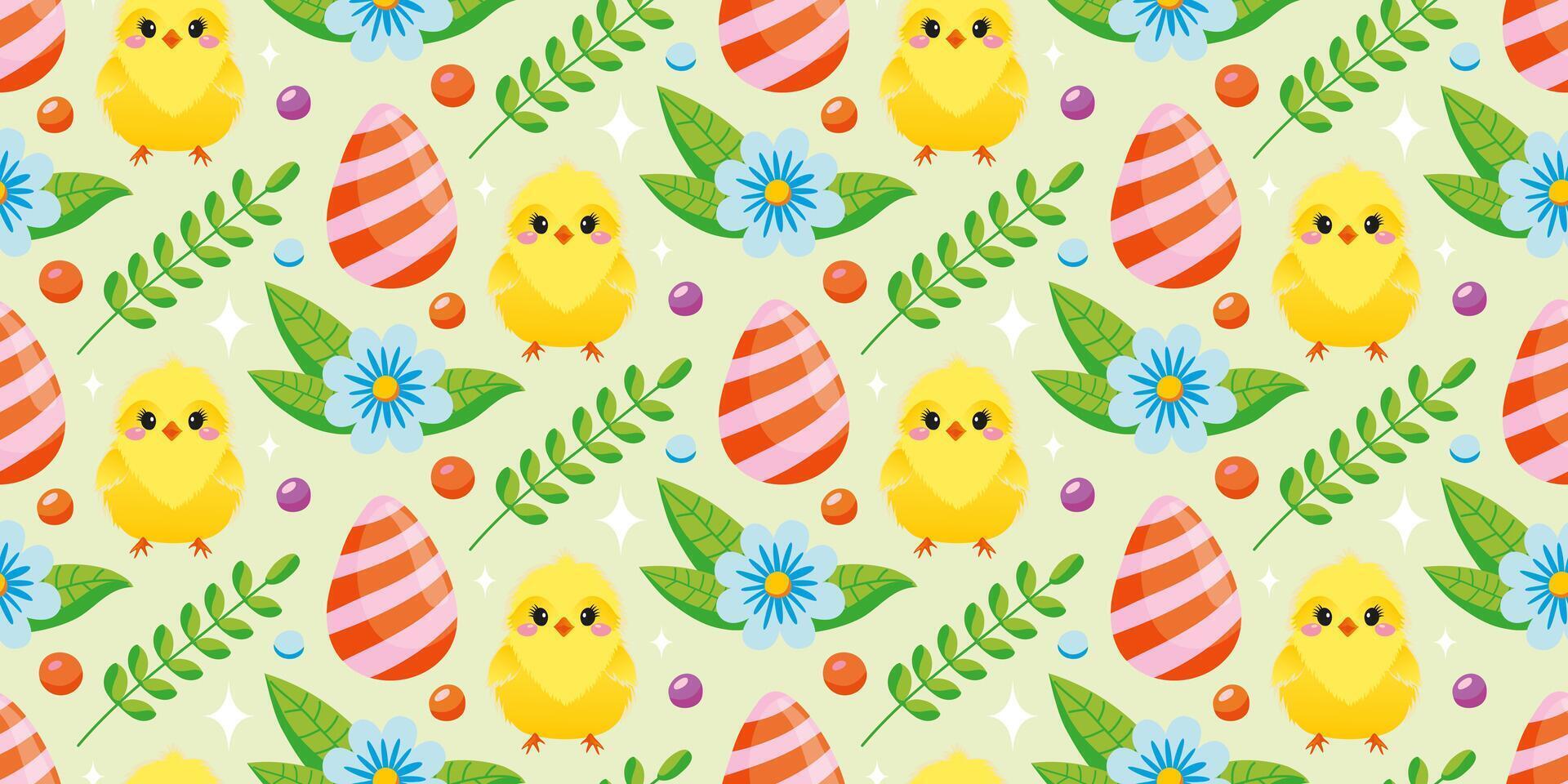 Seamless Easter pattern with painted eggs, chickens, spring flowers. The cheerful Easter design for background, find paper, wallpaper, fabric. Vector illustration.