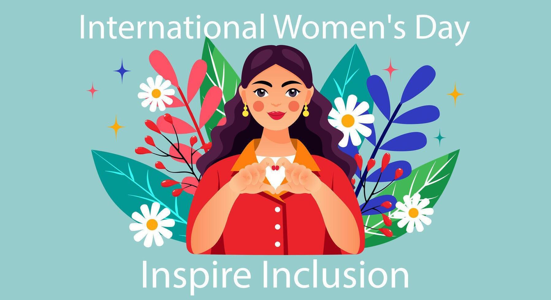 Happy young girl on a background of flowers and leaves makes a heart gesture with her hands. Inspirational background for International Womens Day on March 8th Inspire Inclusion. Vector illustration.