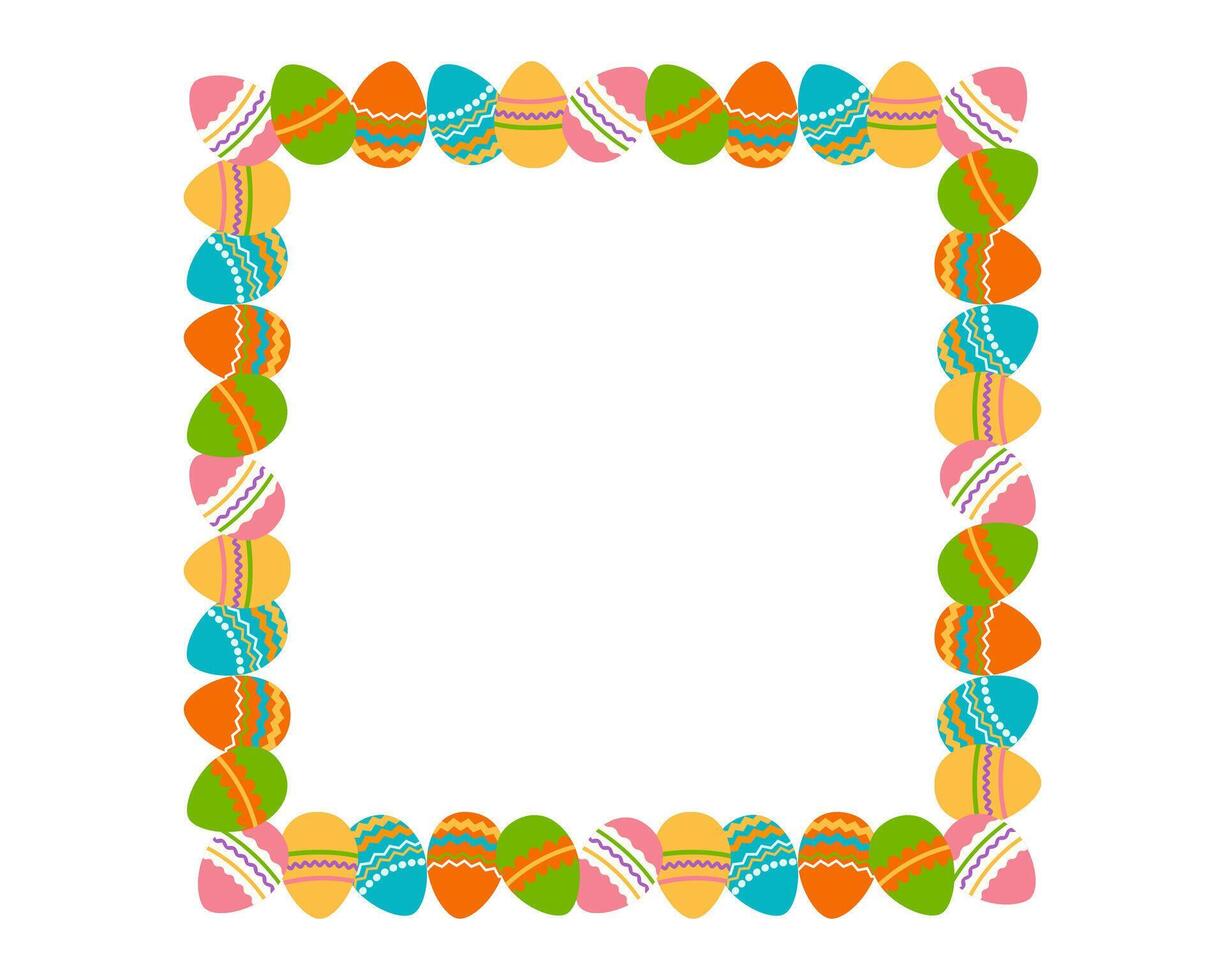 Square decorative Easter frame. Border made of Easter painted eggs. Perfect for festive holiday decoration and spring greeting cards. Vector illustration.