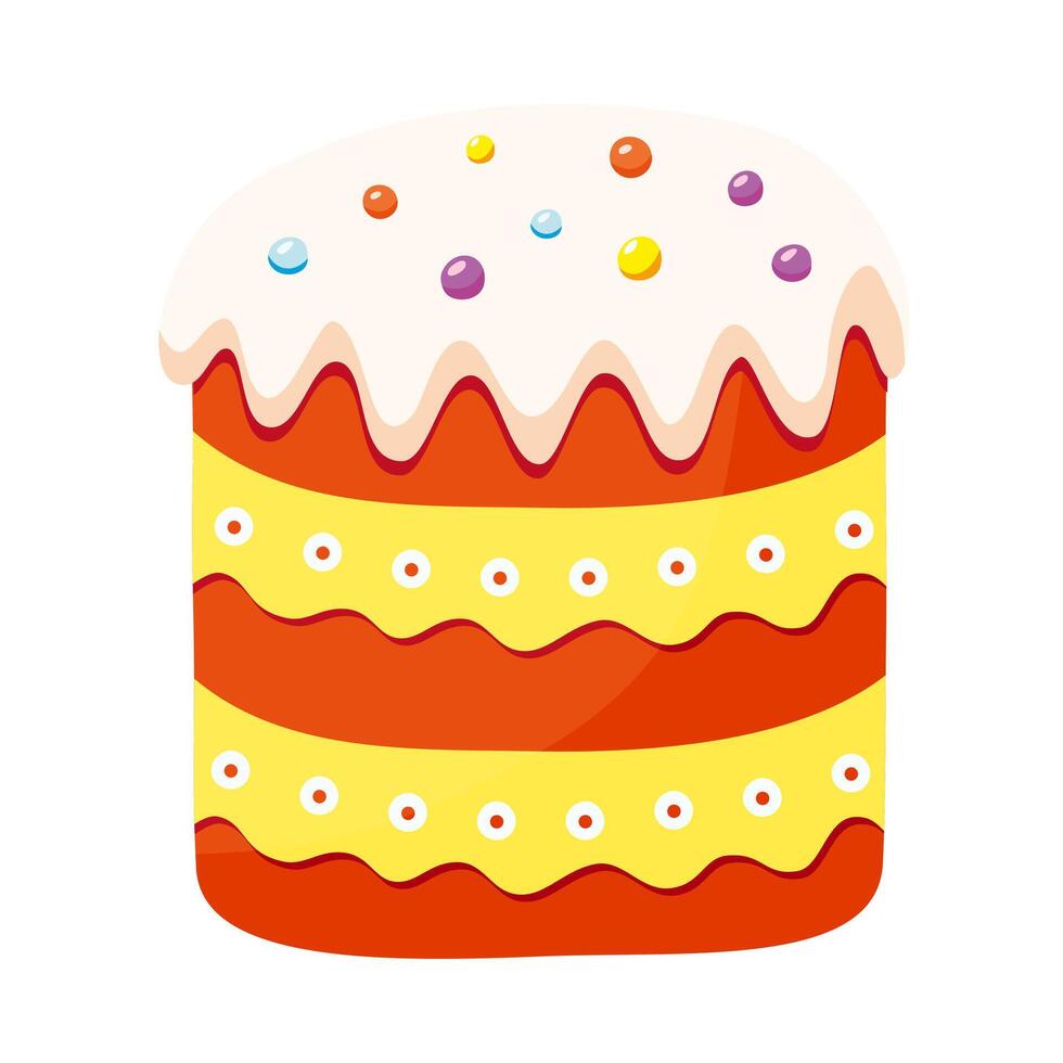 Easter cake with sugar icing and colorful sprinkles. Traditional Easter sweet bread. Festive dessert. Religious Christian symbol. Flat design. Vector illustration.