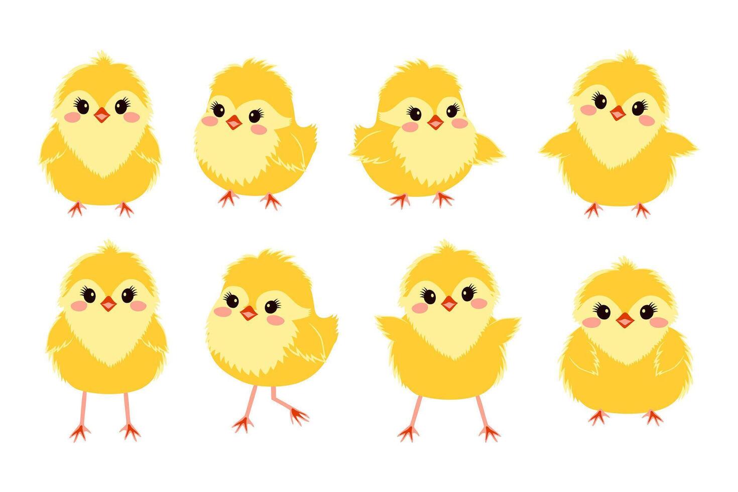 colección de linda dibujos animados pollitos ocho adorable ilustrado amarillo polluelos en un blanco fondo, Perfecto para Pascua de Resurrección diseños primavera aves de corral bebés en diferente posa vector ilustración.