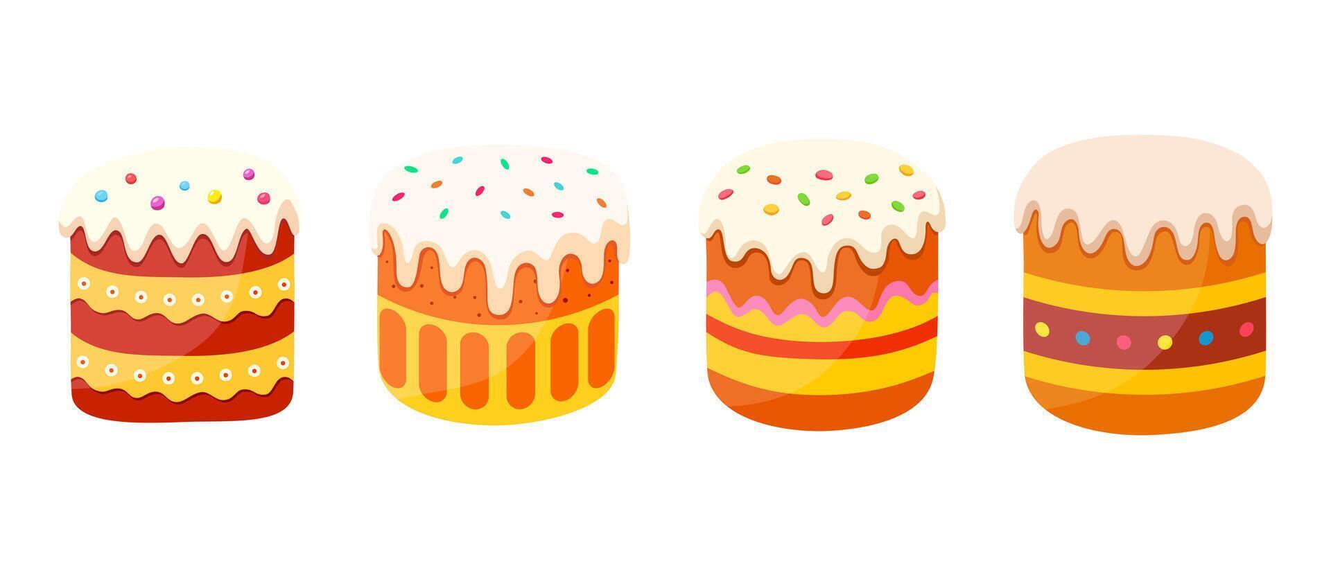 Easter cake set. Traditional Easter sweet bread. Festive dessert. Religious Christian symbol.Flat design. Vector illustration.