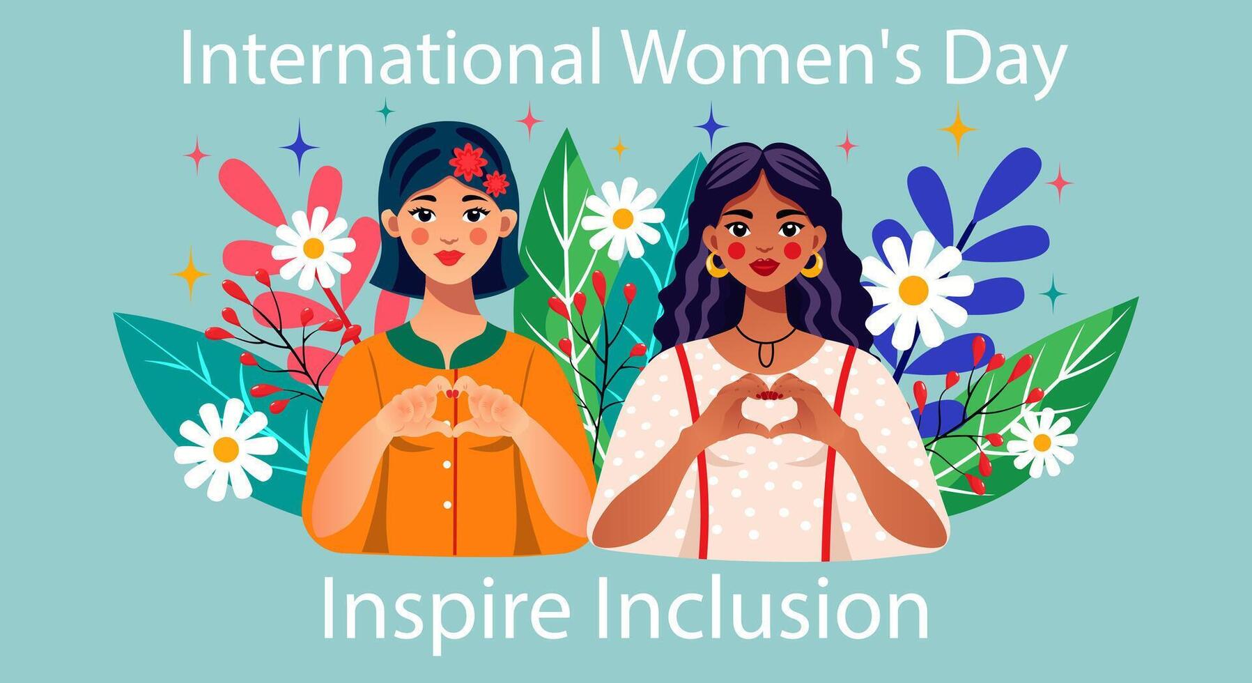 Girls with hands folded in the shape of a heart on a background of flowers. Conceptual poster for International Womens Day. IWD 2024 campaign with slogan Inspire Inclusion. Vector illustration.