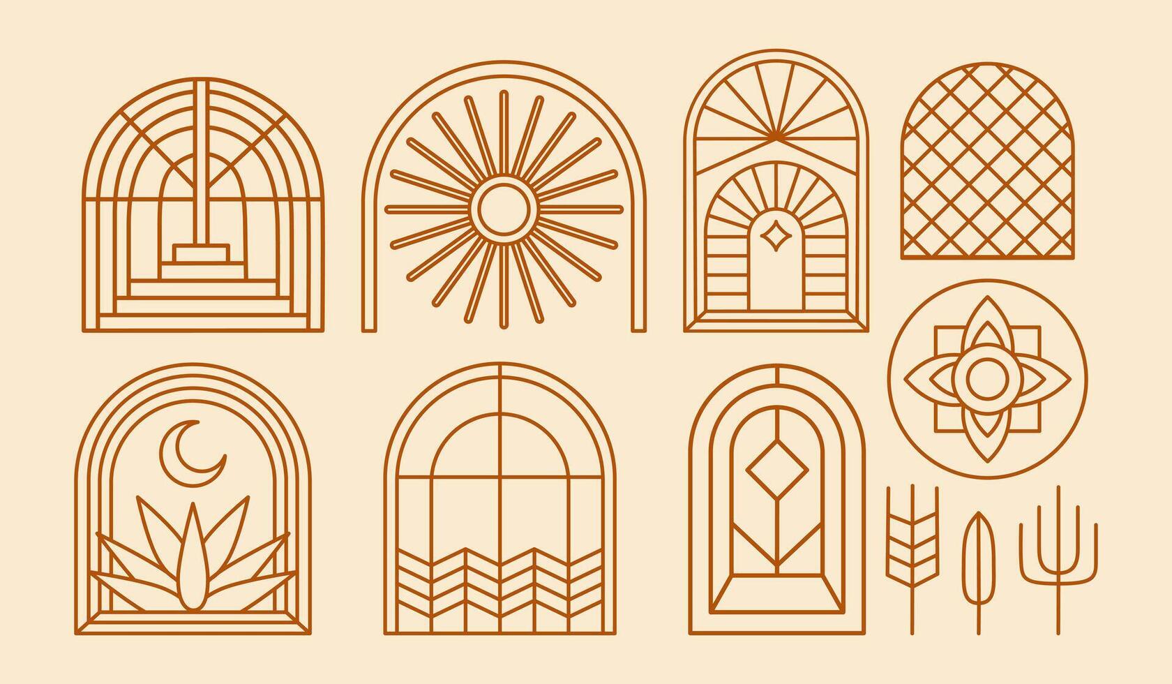 Bohemian windows and doors. Bohemian geometric signs and symbols. Linear arch, contour logo in boho style. Abstract design elements. Vector illustration.