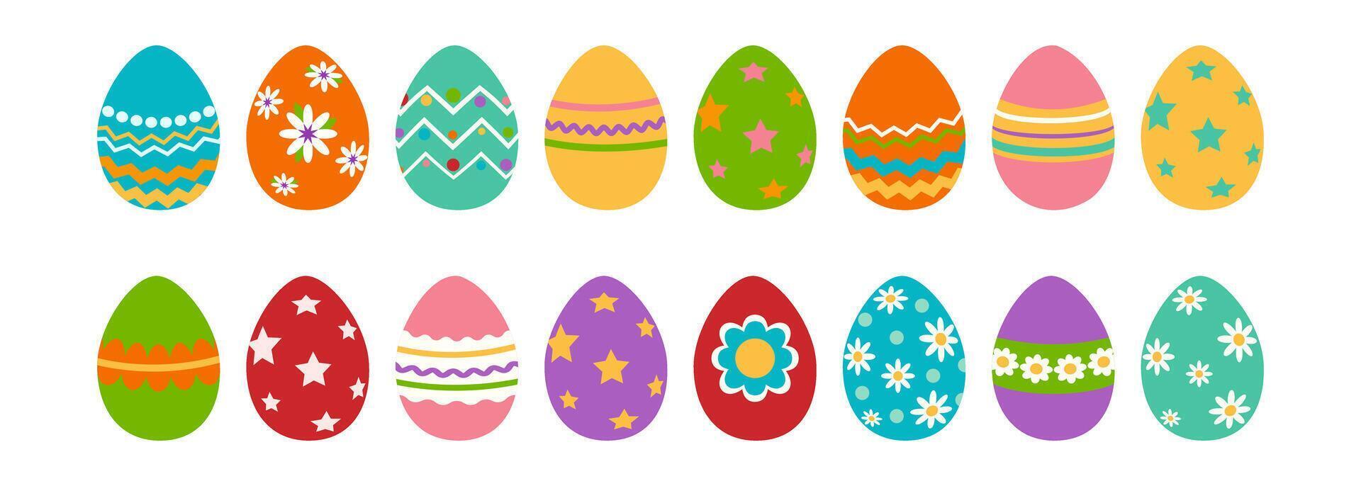 Bright painted isolated Easter eggs. Set of eggs. Cartoon flat style. Traditional religious Easter symbols. Vector illustration.