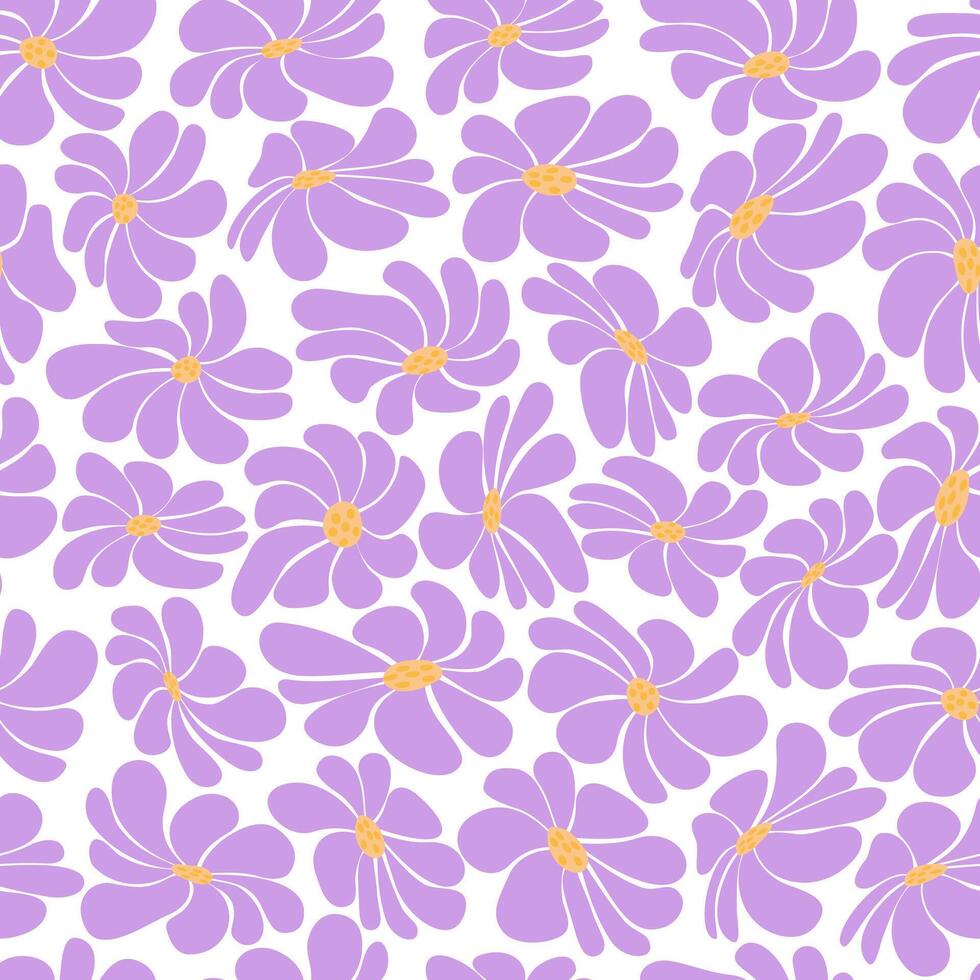 Groovy floral background. A seamless retro pattern with flowers in the naive style of the 60-70s. Summer floral background. Purple, yellow color. Vector illustration.