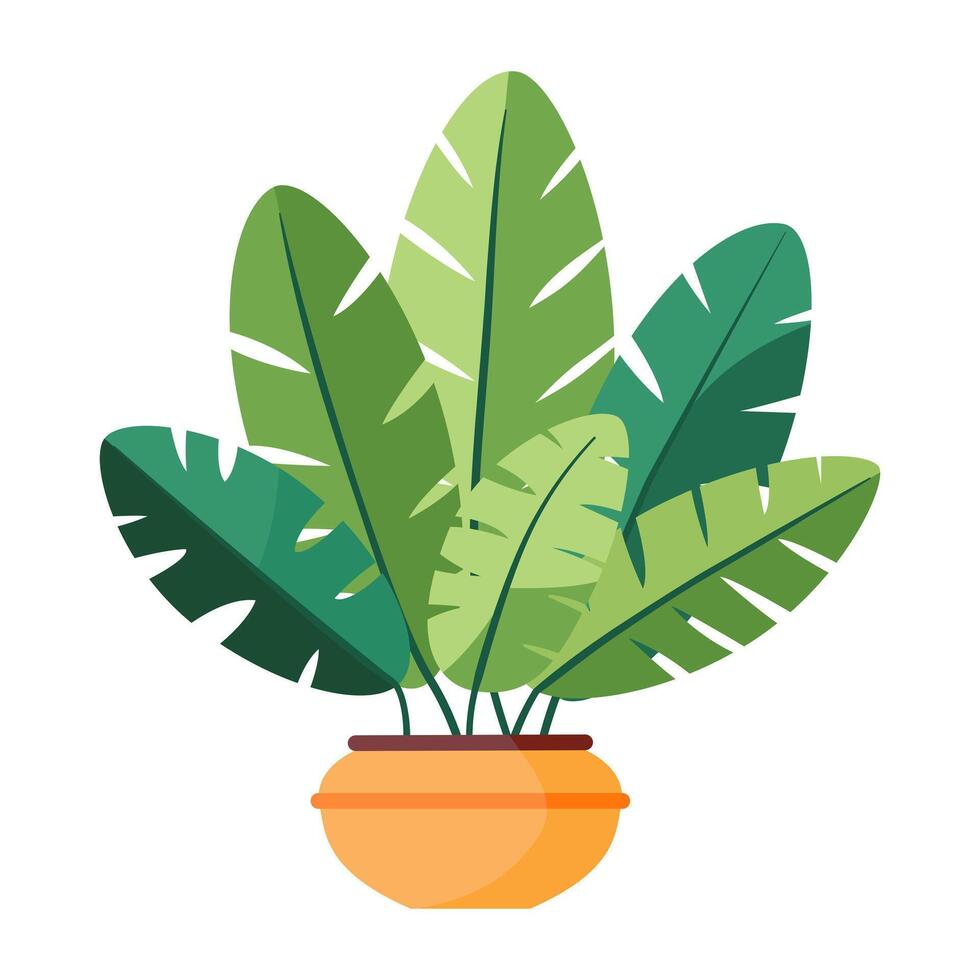 Tropical plant in a pot. Flat style. Green plant in a flower pot for cozy decoration of home, garden, veranda, balcony, terrace, office, living room, patio. Vector illustration.