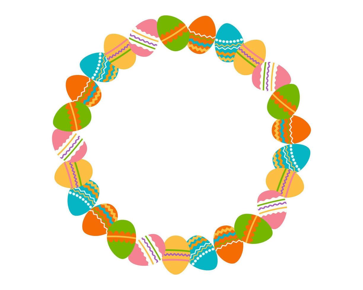 Round frame made of Easter eggs. Border made of Easter painted eggs. Perfect for festive holiday decoration and spring greeting cards. Vector illustration.