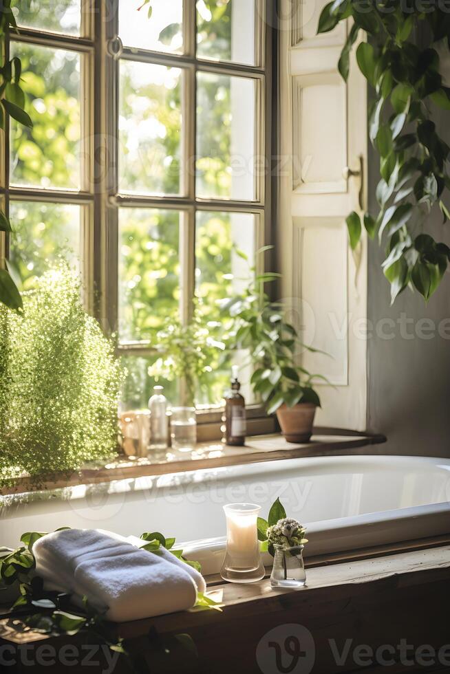 AI generated Bathroom With Plants and Candles by Window. AI generated photo