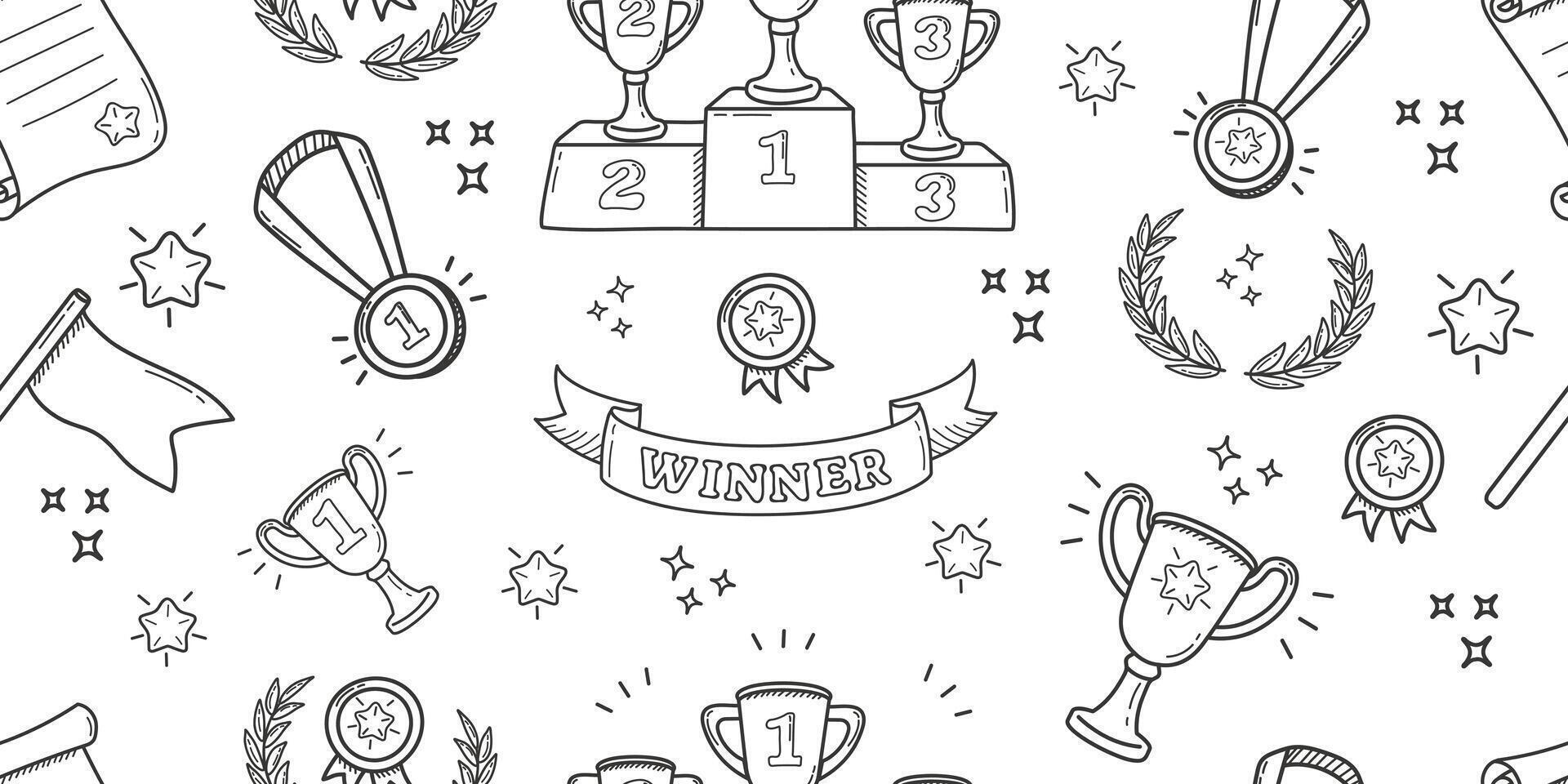 Seamless pattern on the theme of sports in doodle style. Cartoon background with winner cups and medals. vector