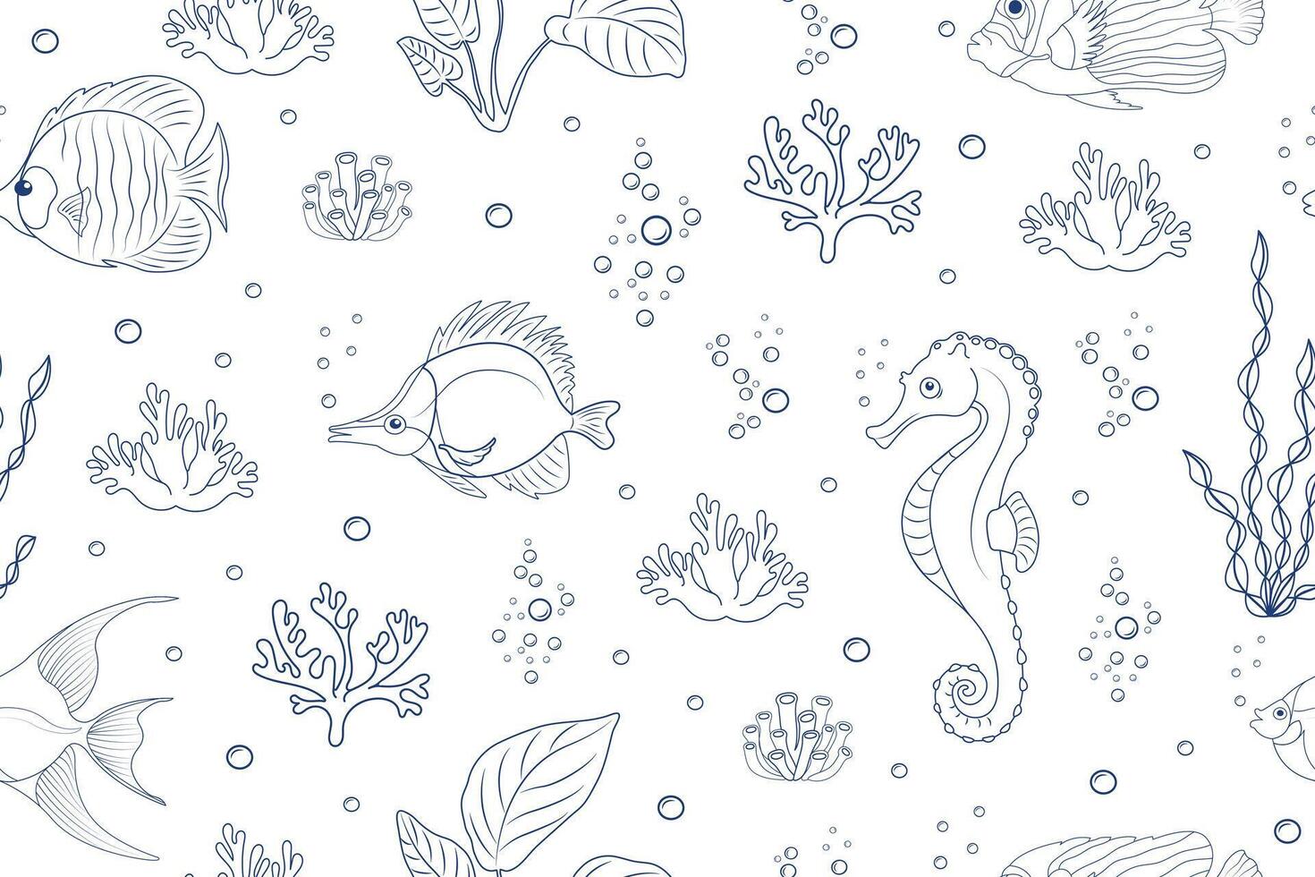 Seamless marine pattern with tropical fish and seahorse. Doodle linear background with underwater world and algae vector