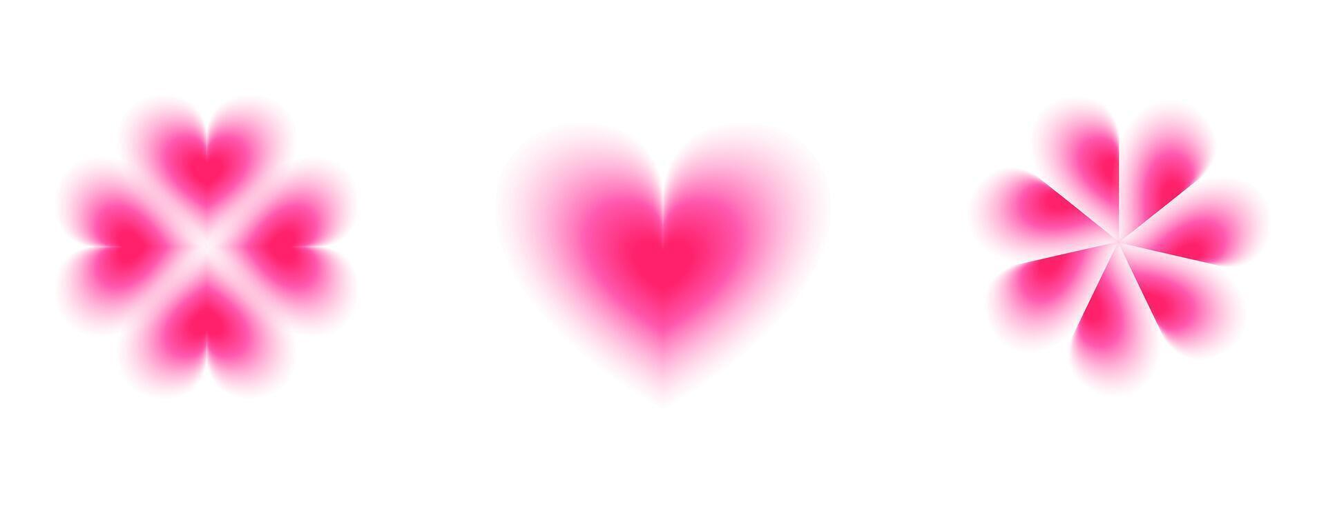 Gradient blurred heart and flower symbols. Geometric pink y2k shapes for retro design vector