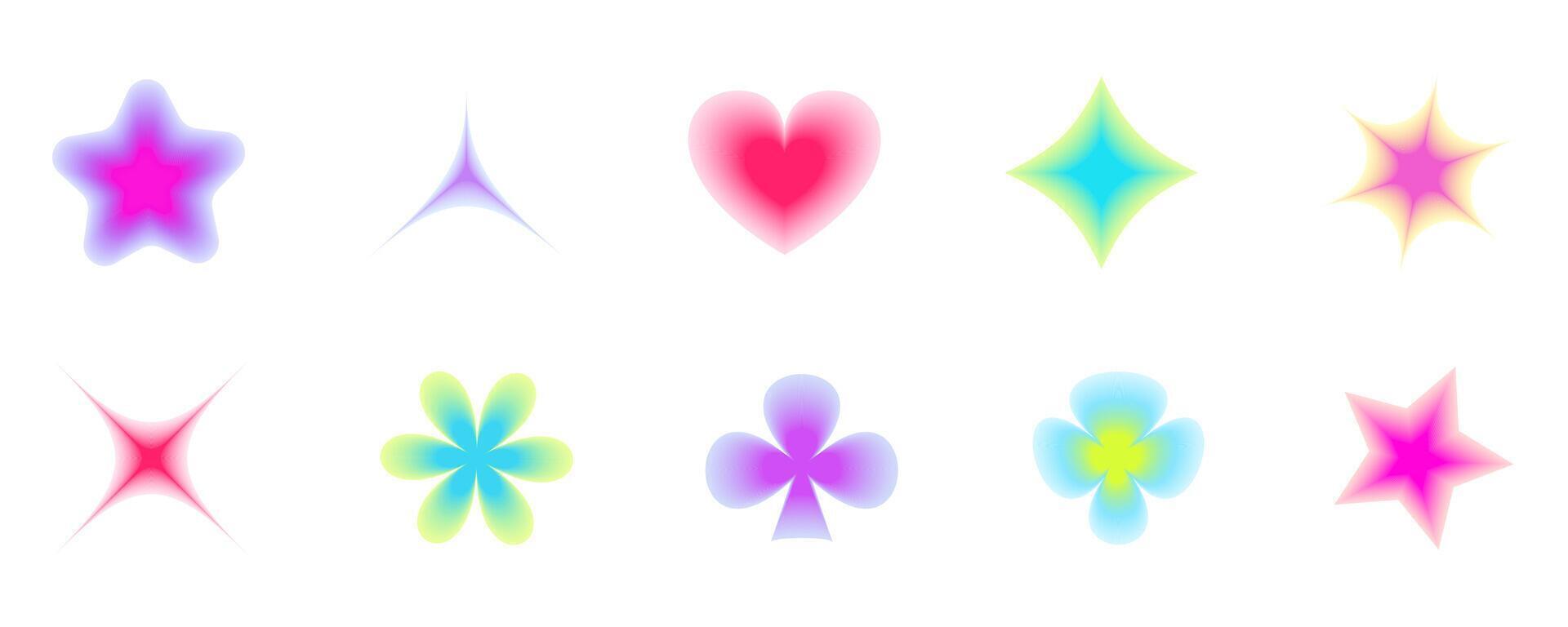 Gradient color badges y2k. Blurred heart, flower and star elements in retro style vector