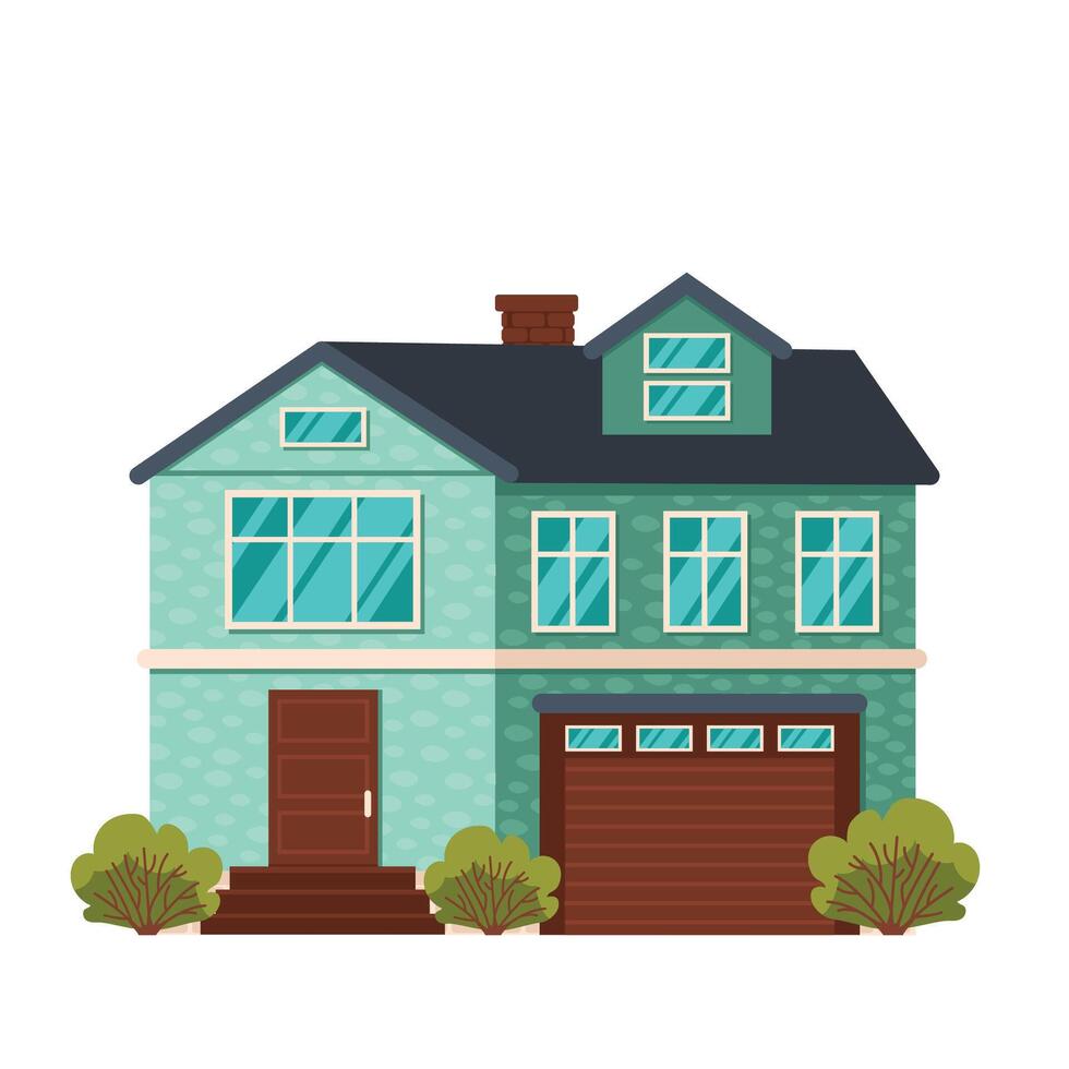 Residential building with green bushes. Summer or spring season. Vector graphic.