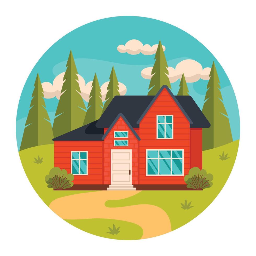 Residential house in the forest. Sky and trees in the background. Summer or spring season. Vector graphic.