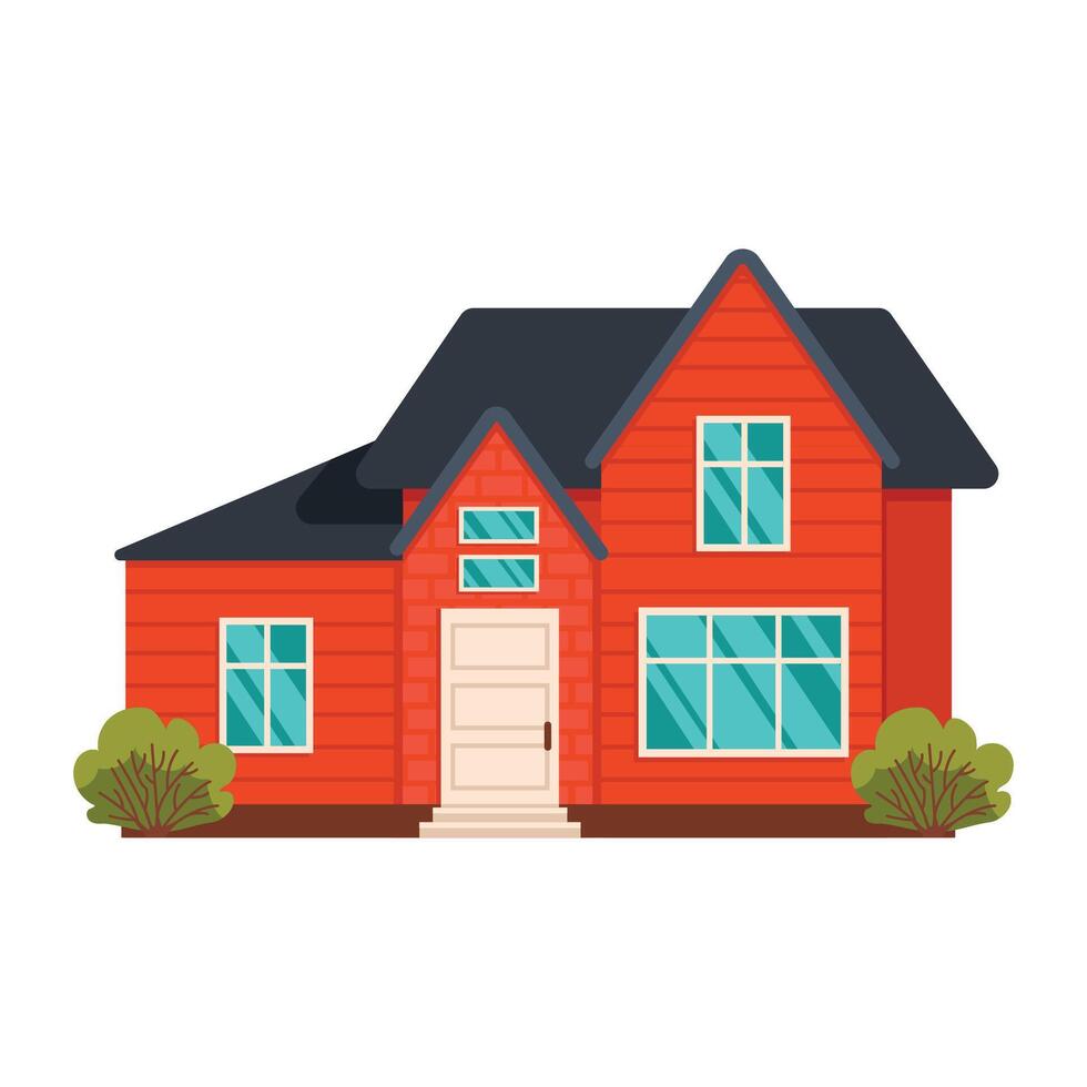Residential building with green bushes. Summer or spring season. Vector graphic.