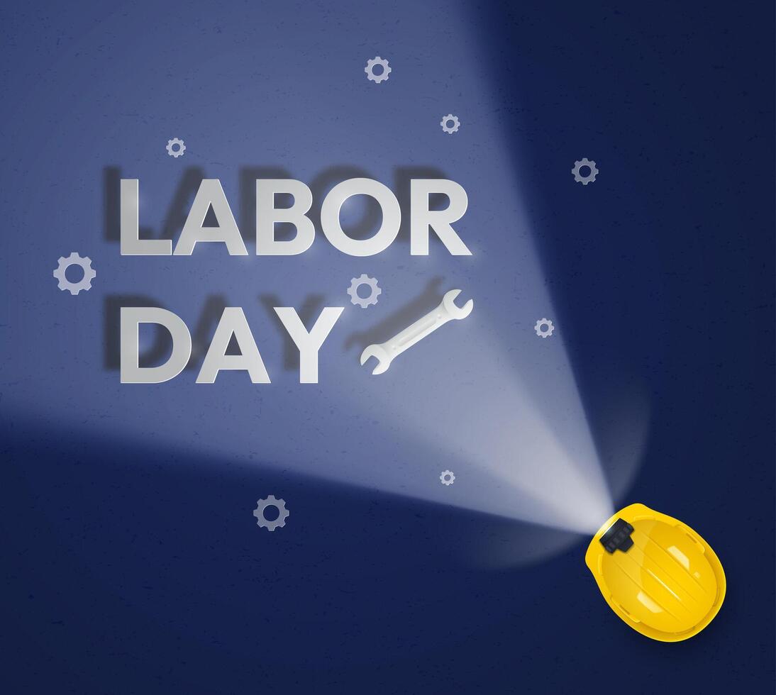 Happy Labor Day banner illuminated with construction helmet with lantern. Vector illustration.