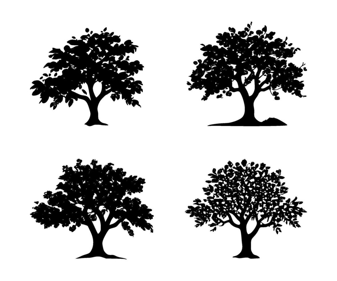 AI generated set of oak tree silhouettes on isolated background vector
