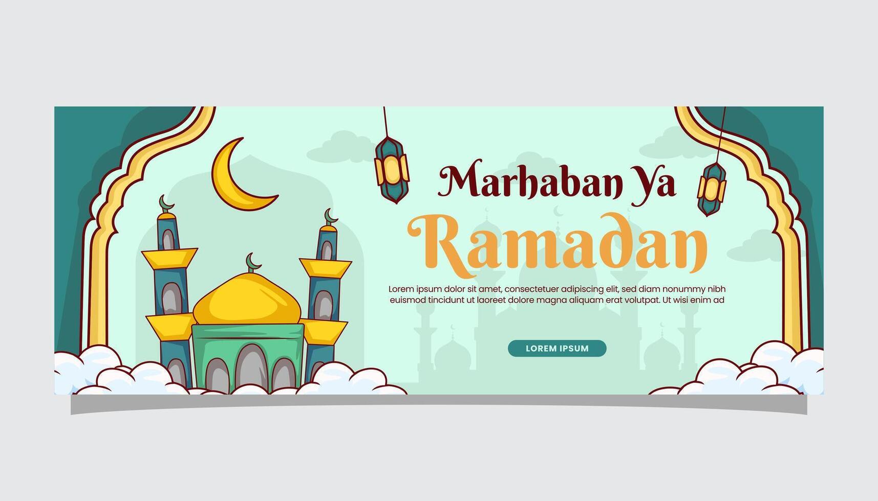 Ramadán kareem islámico ilustración saludos en bandera cubrir página modelo con musulmán dibujos animados vector