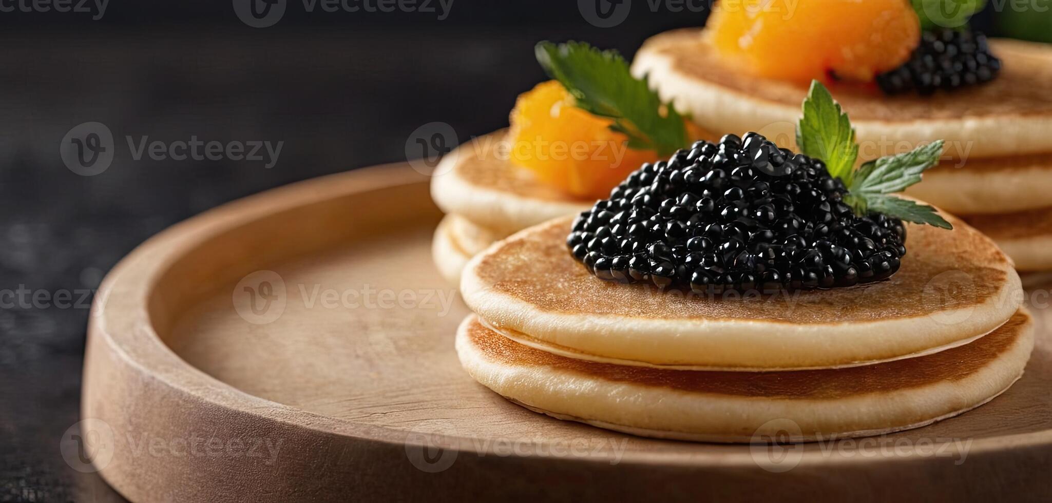 AI Generated Pancakes with caviar for breakfast highlight luxury morning meal. Golden stack topped with black caviar photo