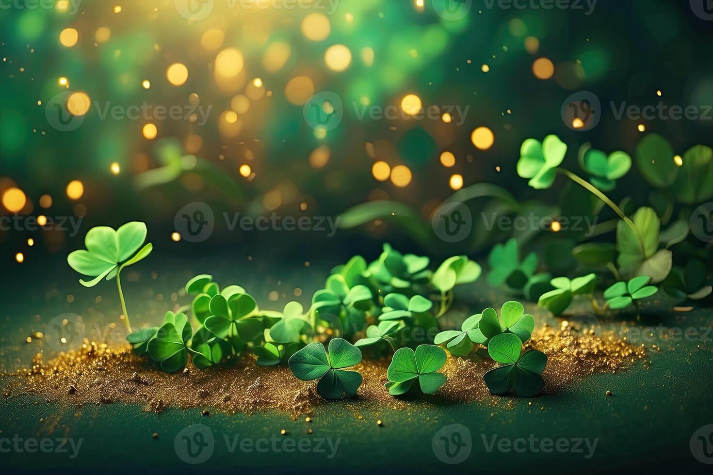 AI generated Background of green clover and gold dust for St. Patrick's Day. Patrick Day Banner. AI generated photo