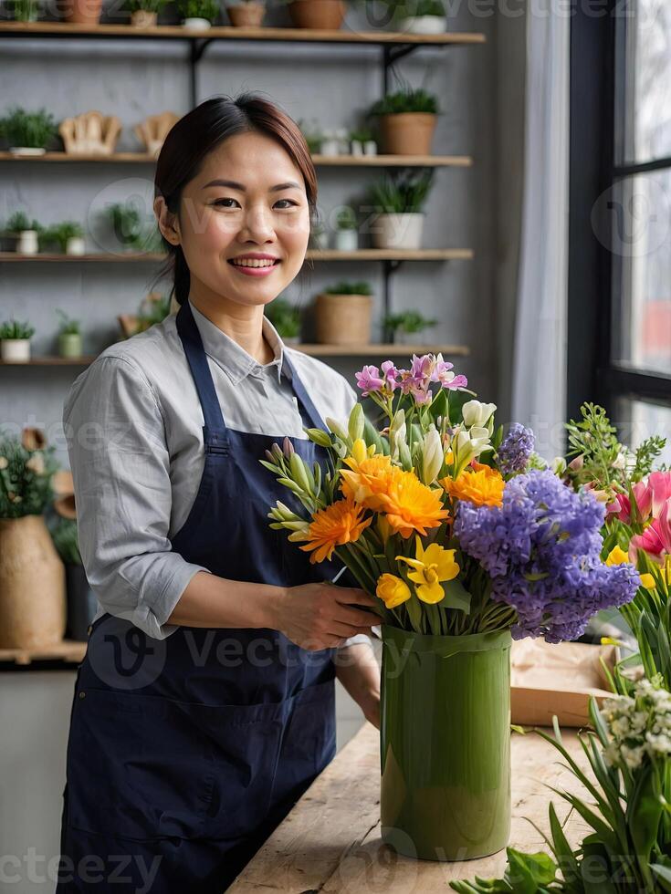 ai generado asiático mujer florista recoge un ramo de flores de primavera flores- Fresco cortar flores en floreros en flor tienda y bastidores para venta, entrega para el día festivo. primavera, marzo 8, De las mujeres día, cumpleaños. foto