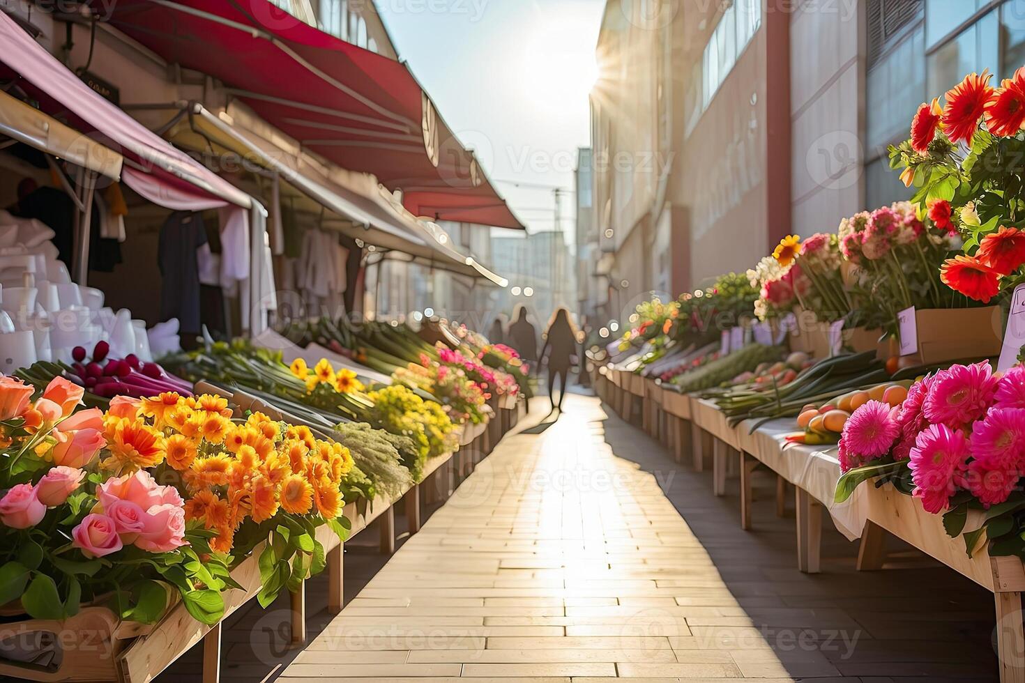 AI generated Flower market on the sunny street of the city - live cut bouquets are sold on outdoor stalls. AI generated photo