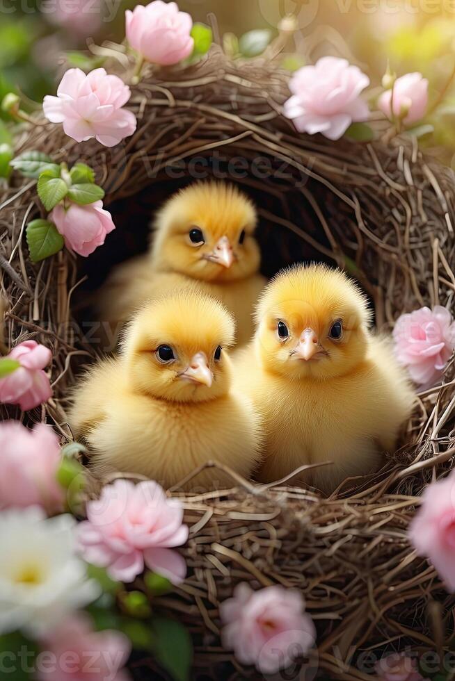 AI generated Cute fluffy yellow chicks in a spring blooming nest of twigs and flowers in nature. Spring card, spring time, children, childhood. AI generated photo