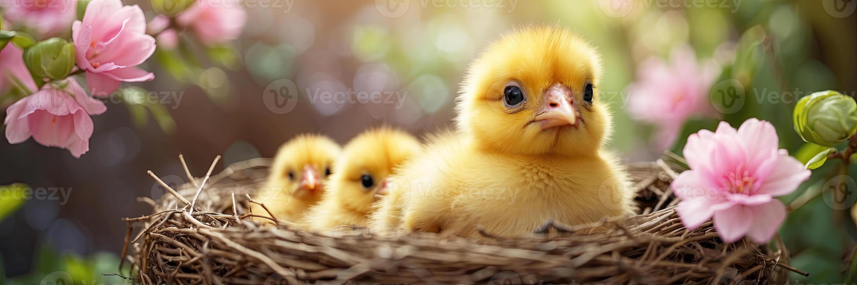 ai generado linda mullido amarillo polluelos en un primavera floreciente nido de leña menuda y flores en naturaleza. primavera tarjeta, primavera tiempo, niños, infancia. ai generado foto