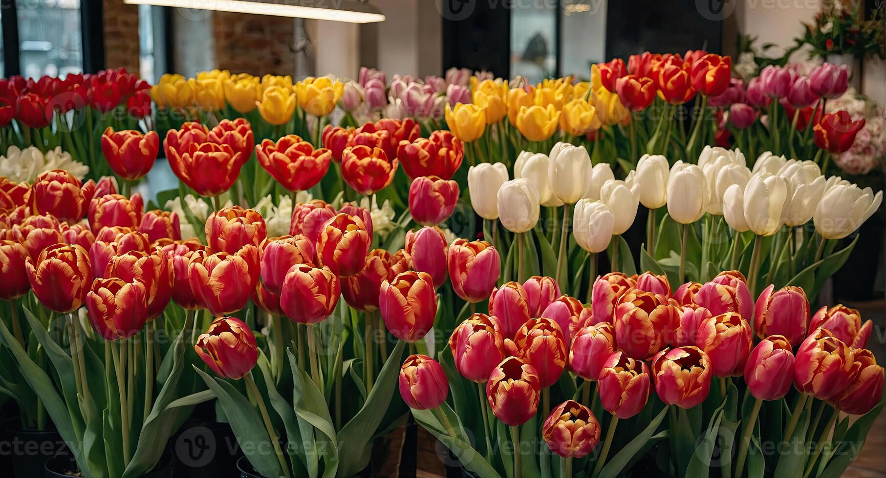 AI generated Multicolored tulips in a flower shop - fresh supply of cut flowers for spring holidays, floral shop window. AI generated photo