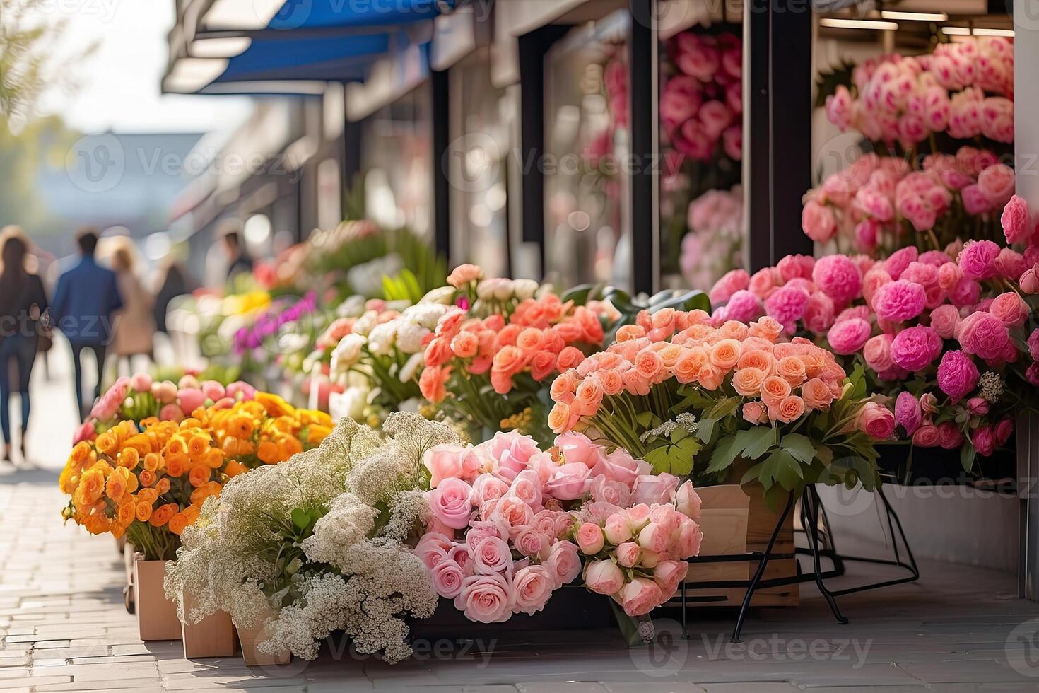AI generated Flower market on the sunny street of the city - live cut bouquets are sold on outdoor stalls. AI generated photo
