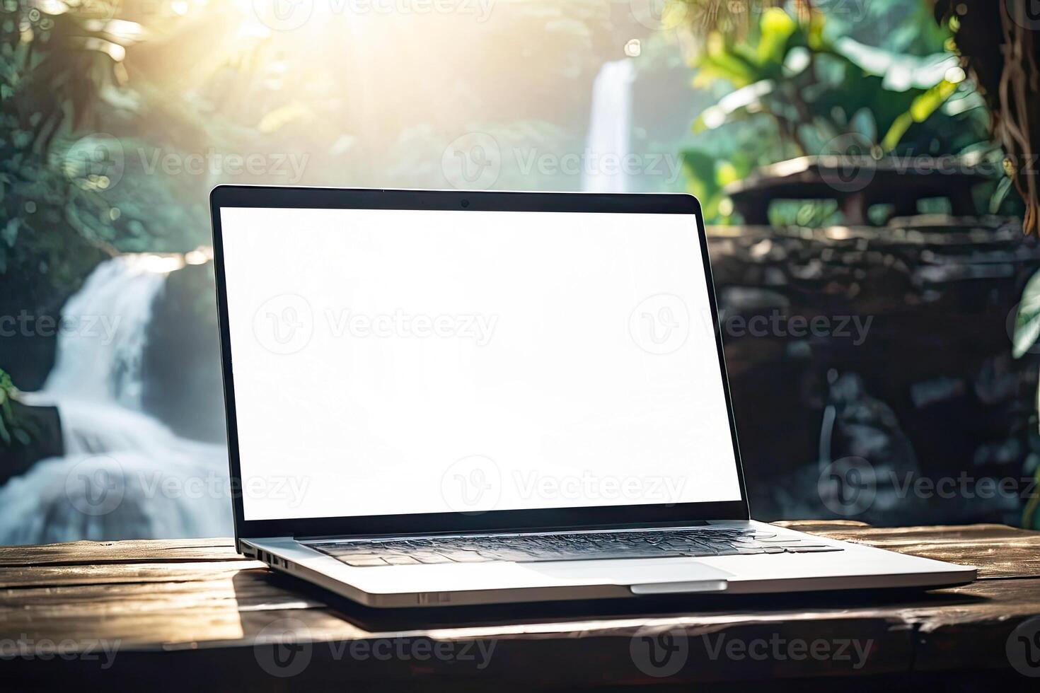 AI generated Laptop with blank white screen mock up on mountain lake in the rocks with waterfall in the tropical jungle. Remote work on vacation and travel, home office, internet, tours, trekking photo