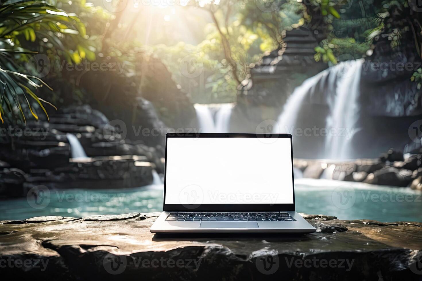 AI generated Laptop with blank white screen mock up on mountain lake in the rocks with waterfall in the tropical jungle. Remote work on vacation and travel, home office, internet, tours, trekking photo