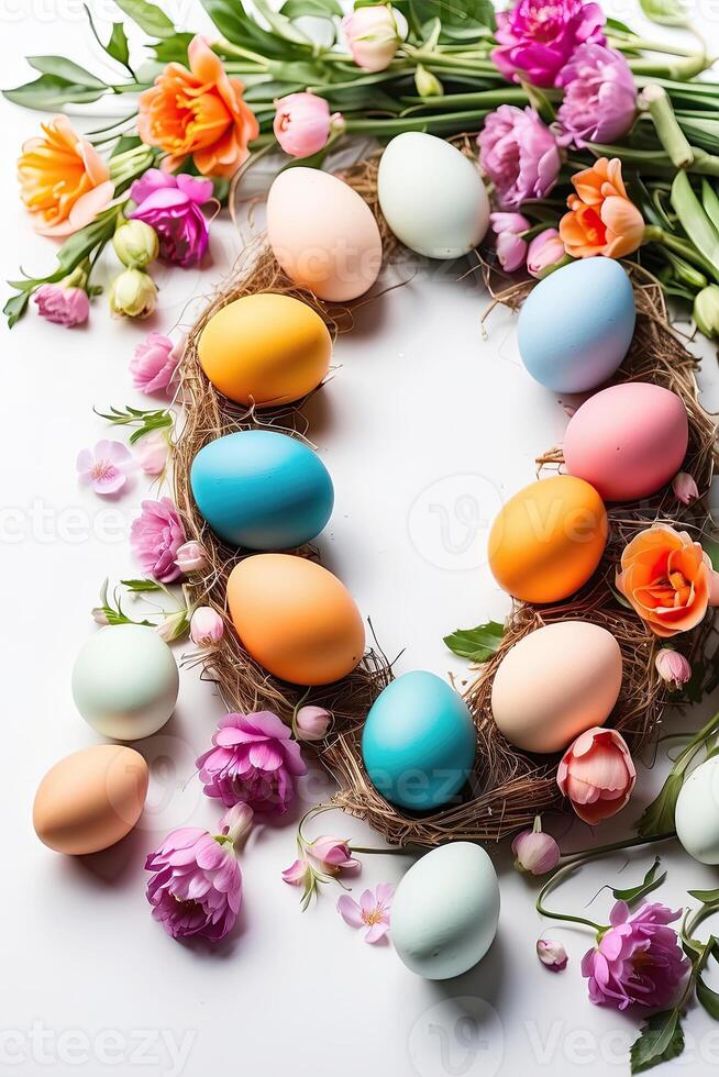AI generated Multicolored Easter eggs frame with spring flowers - Easter card with a space for text. rustic Easter background photo
