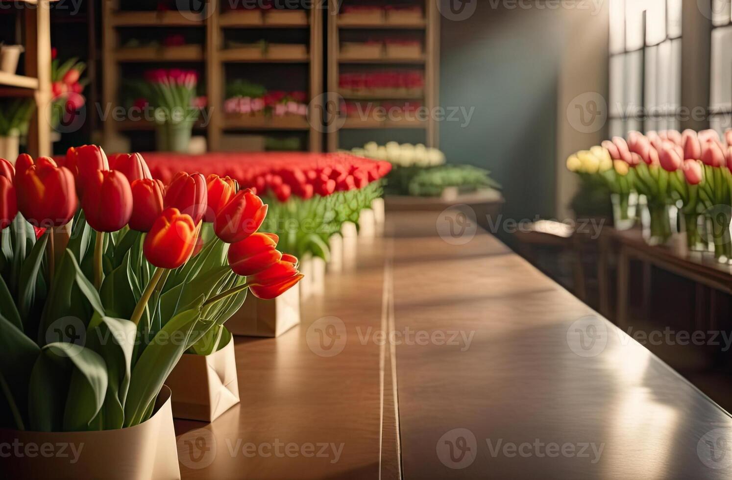 AI generated Colorful bouquets of tulips in a flower shop - fresh cut flowers in boxes and vases in a warehouse and racks for sale, delivery for the holiday. Spring, March 8, women's Day, birthday. photo