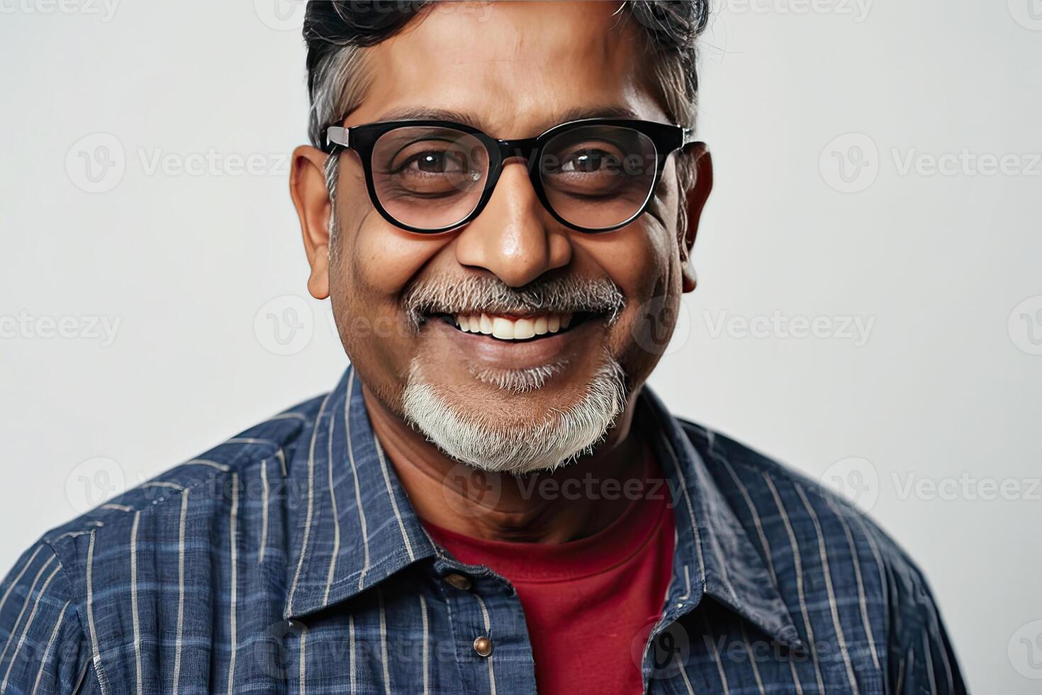 ai generado adulto contento indio hombre vistiendo los anteojos en un gris sólido antecedentes con Copiar espacio. ai generado foto