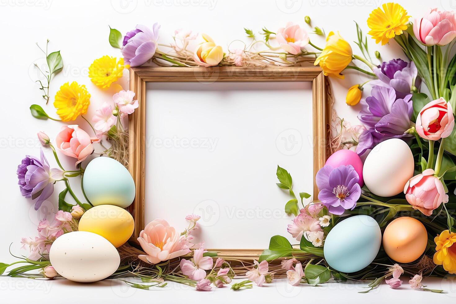 AI generated Multicolored Easter eggs frame with spring flowers - Easter card with a space for text. rustic Easter background photo