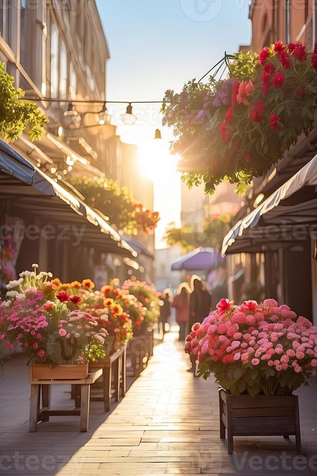 ai generado flor mercado en el soleado calle de el ciudad - En Vivo cortar ramos de flores son vendido en al aire libre establos. ai generado foto