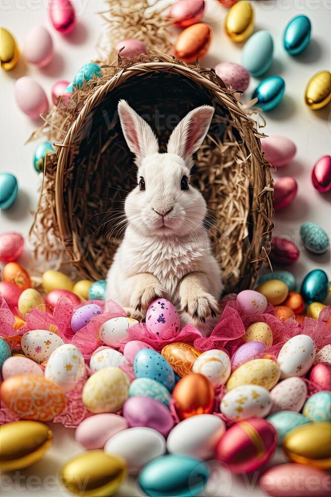 AI generated Natural Realistic cute Easter bunny with multicolored eggs and spring flowers, a traditional holiday card. AI generated photo