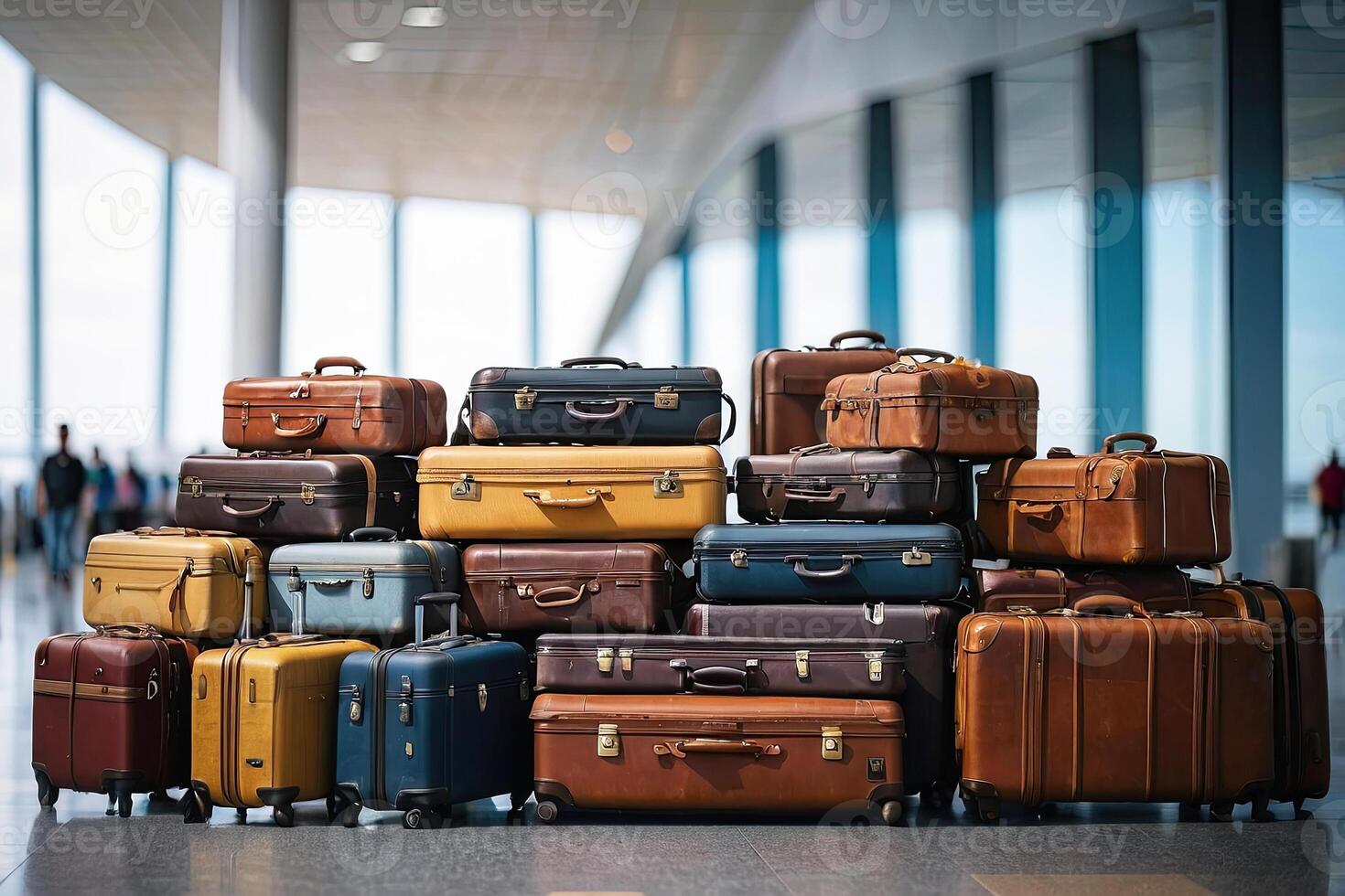 AI generated A bunch of suitcases at the airport - cargo control, baggage allowance and hand luggage parameters on the plane, security, check-in and delivery of personal belongings. AI generated photo