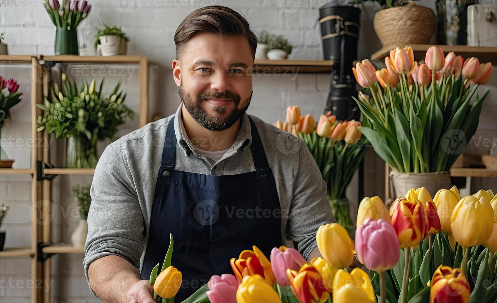 AI generated Man florist collects a bouquet of tulips - fresh cut flowers in boxes and vases in a warehouse and racks for sale, delivery for the holiday. Spring, March 8, women's Day, birthday photo