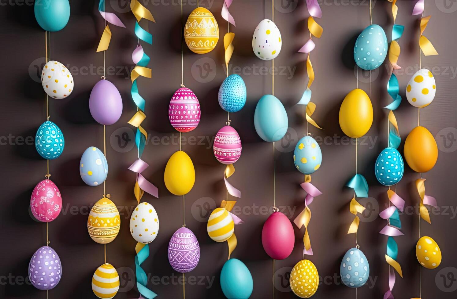 AI generated Garland of colorful Easter eggs - Easter decor close-up. AI generated photo