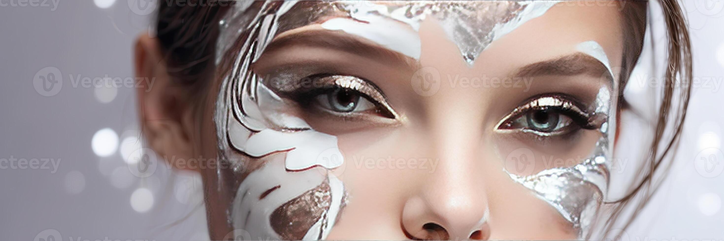 AI generated closeup beautiful woman with creative makeup with glitter, festive makeup for a party, new year, disco, holiday photo