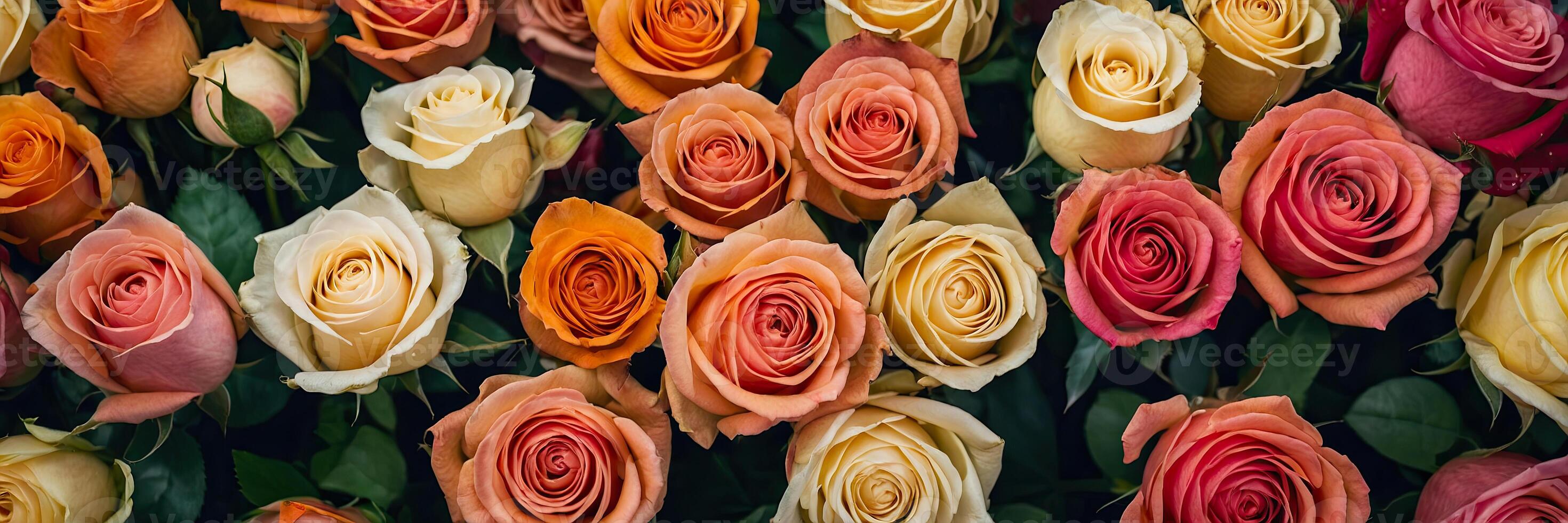 AI generated Multicolored roses in a flower shop - fresh supply of cut flowers for spring holidays, floral shop. AI generated photo