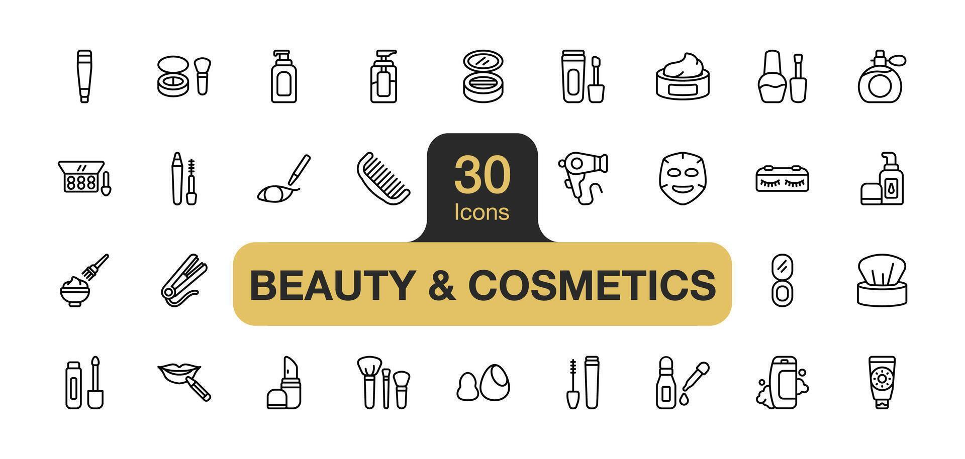 conjunto de 30 belleza y productos cosméticos icono elemento conjuntos incluye lápiz labial, máscara, delineador de ojos, ojo sombra, base, ocultador, y más. contorno íconos vector recopilación.